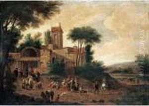 An Italianate Landscape With Figures Before A Church An Italianate Landscape With Figures Before A Church