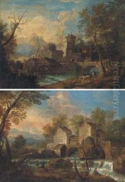 An Italianate River Landscape 
With Peasants On A Track, An Anglerand A Town Beyond; And An Italianate 
River Landscape With A Droverand His Cattle On A Track, A Water Mill 
Beyond - view 1