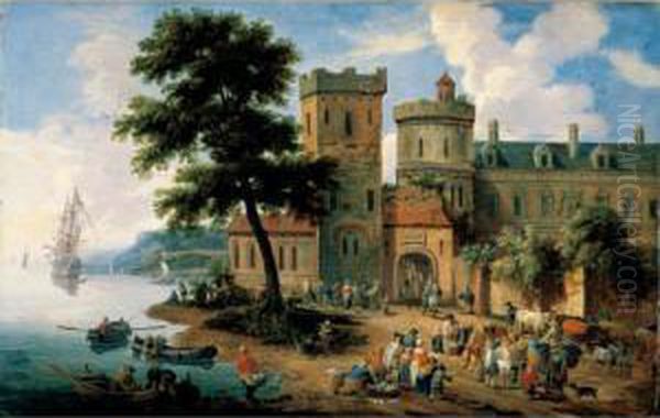 A Coastal Landscape With A Crowded Fish Market Before The Walls Of A Town - view 1