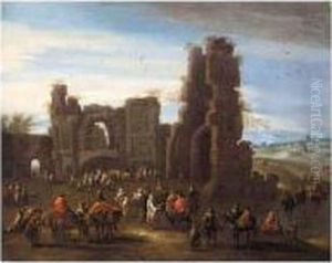 A Landscape With Travellers And Peasants Before Ruins by Mattijs Schoevaerdts