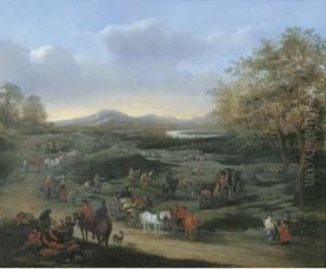 An Extensive Landscape With Travellers On A Road, Other Figuresbeyond by Mattijs Schoevaerdts