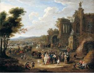 A River Landscape With Orientals And Locals Conversing Before A Set Of Ruins by Mattijs Schoevaerdts