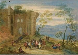A Wooded Landscape With Gypsies,
 Horsemen And Travellers Conversing And Resting Near Ruins by Mattijs Schoevaerdts