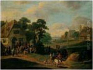 A Village Scene With Peasants 
Dancing Before An Inn, Waggoners On A Path In The Foreground