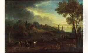 Bord De Mer Avec Des Paysans Ramassant Des Poissons. by Mattijs Schoevaerdts