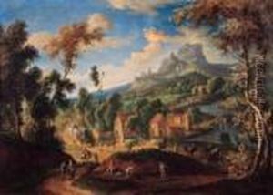 Peasants And Travellers On A Road By A Village In A Mountainouslandscape by Mattijs Schoevaerdts