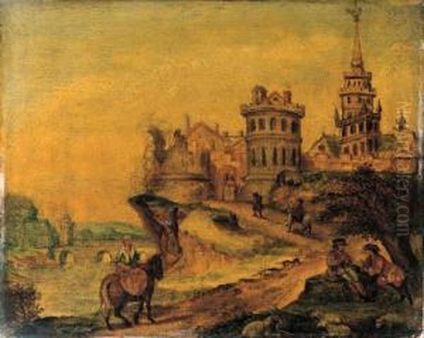 Elegant Travellers On A Path By A
 Castle; And A Peasant Womanreturning From Market On A Path By A Village - view 1