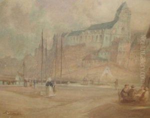 Figures Before An Abbey At Moonlight by John William Schofield
