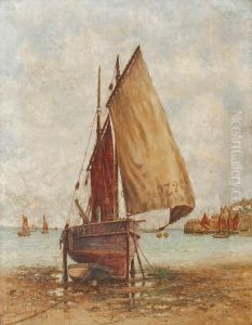 Coastal Scene, With Beached Fishingvessel by John William Schofield