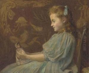 Portrait Of A Girl, Seated 
Half-length, In A Blue Dress, Holding Adoll, In An Art Nouveau Interior by John William Schofield