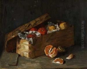 Bastkorb Mit Apfeln, Zitronen Und Geschalten Orangen by Otto Scholderer