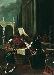 A Musical Party On A Terrace, 
With A Woman Playing The Spinet, Other Figures Singing And Playing With 
Her by Johann Heinrich Schonfeld