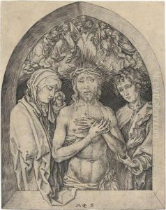 The Man Of Sorrows Between The Virgin And Saint John by Martin Schongauer