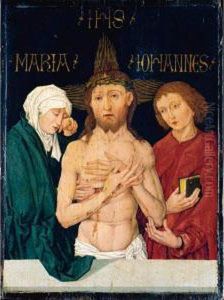 Christ As The Man Of Sorrows, Flanked By The Virgin And Saint John by Martin Schongauer