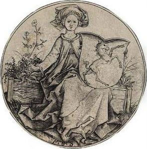 Shield With A Unicorn, Held By A Woman by Martin Schongauer