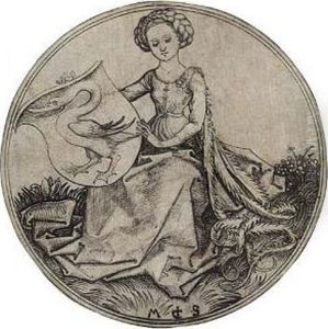 Shield With A Swan, Held By A Woman by Martin Schongauer