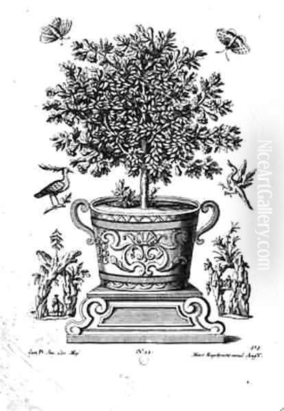 Ornamental tree in an urn on a small stage - view 1