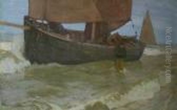 "ruckkehr Vom Heringsfang 1902".
Am Strand Boote Mit Fischern. Unten Rechts Signiert G. Schonleber - view 1
