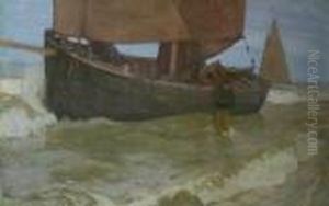 "ruckkehr Vom Heringsfang 1902".
Am Strand Boote Mit Fischern. Unten Rechts Signiert G. Schonleber by Gustav Schonleber