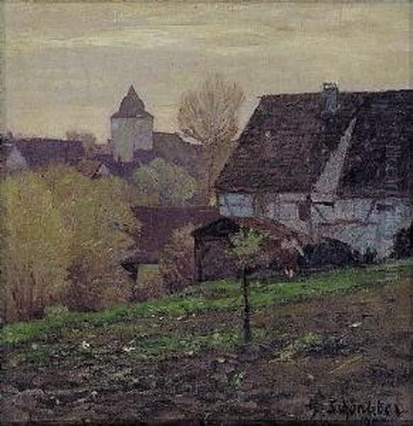 Blick Auf Eine Kleinstadt. Im 
Vordergrund, An Einem Abhang, Schreitende Bauerin. Unten Rechts Signiert
 Und Datiert G. Schonleber 19 - view 1