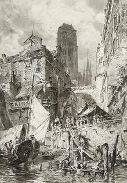 Danzig - Blick Vom Hafen Auf Jopengasse Und Marienkirche. - view 1