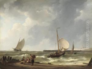 Woelende Zee: Sailing Vessels Approaching A Shore by Johannes Christian Schotel