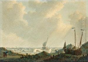 Beach Scene With Fisherfolk Near Ships On The Shore by Johannes Christian Schotel