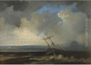 Ship In Stormy Sea by Johannes Christian Schotel