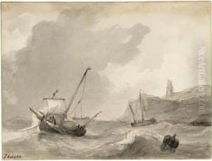 A) Beach Scene With Beached
Boats By A Breakwater And A Man Wading In A Rough Sea; B) Boats On A
Rough Sea, Off A Rugged Coast by Johannes Christian Schotel