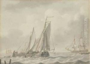 Barges In Close Quarters At The Mouth Of The Estuary by Johannes Christian Schotel