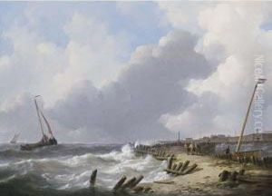 Shipping In Choppy Waters, Dordrecht In The Distance by Johannes Christian Schotel