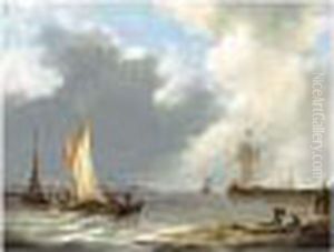Sailing Vessels In An Estuary by Johannes Christian Schotel