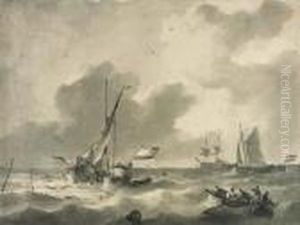 Dutch Shipping Near A Jetty In A Fresh Breeze by Johannes Christian Schotel