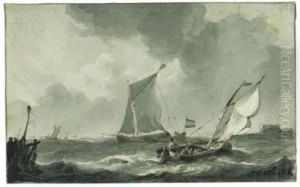 Coastal Craft In A Stiff Breeze by Johannes Christian Schotel