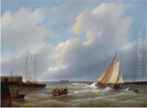 Shipping Near A Harbour, A Three Master In The Distance by Petrus Jan Schotel