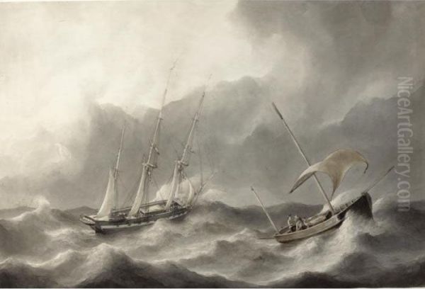A Three-master And A Sailing Boat In Stormy Waters - view 1
