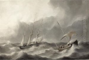 A Three-master And A Sailing Boat In Stormy Waters by Petrus Jan Schotel