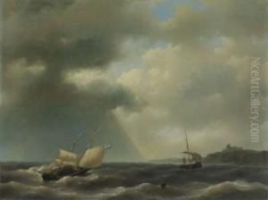 Schiffe Auf Bewegter See Vor Steilkuste by Petrus Jan Schotel