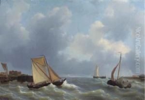 Busy Shipping By A Jetty by Petrus Jan Schotel