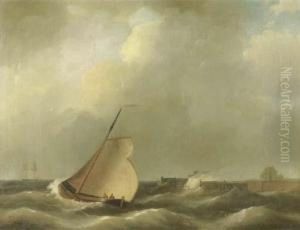 Sailing Vessels On Choppy Water By A Coast by Petrus Jan Schotel