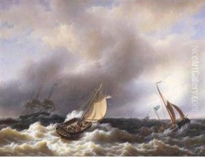 Sailing Vessels In Rough Seas by Petrus Jan Schotel