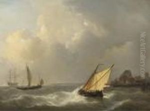 Sailing Vessels Off The Coast On Choppy Waters by Petrus Jan Schotel
