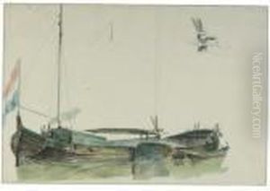 A Moored Tjalk (recto); A Hoogaars (verso) by Petrus Jan Schotel