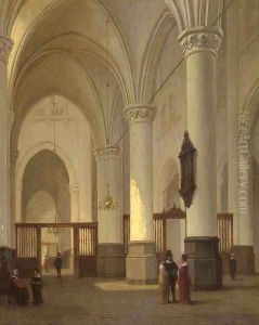 A church interior with figures conversing by Jan-Baptiste Tetar van Elven
