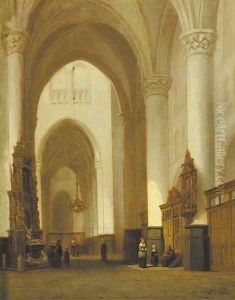 A church interior with worshippers by Jan-Baptiste Tetar van Elven
