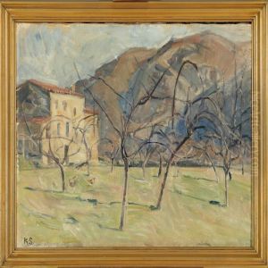 An Italian Landscape With Mountains In The Background by Carl Schou