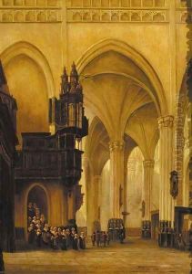A church interior with figures by Jan-Baptiste Tetar van Elven