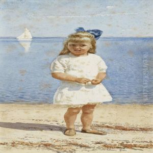Girl I A White Summer Dressand Blue Bow Standing On The Beach