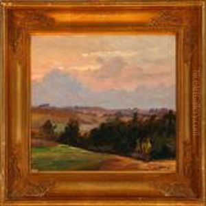 Overlooking A Hilly Landscape At Sunset by Sigurd Solver Schou