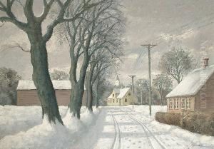 Village Scene In The Snow by Sigurd Solver Schou